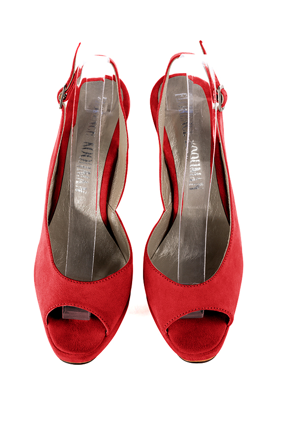 Scarlet red women's slingback sandals. Round toe. Very high slim heel with a platform at the front. Top view - Florence KOOIJMAN